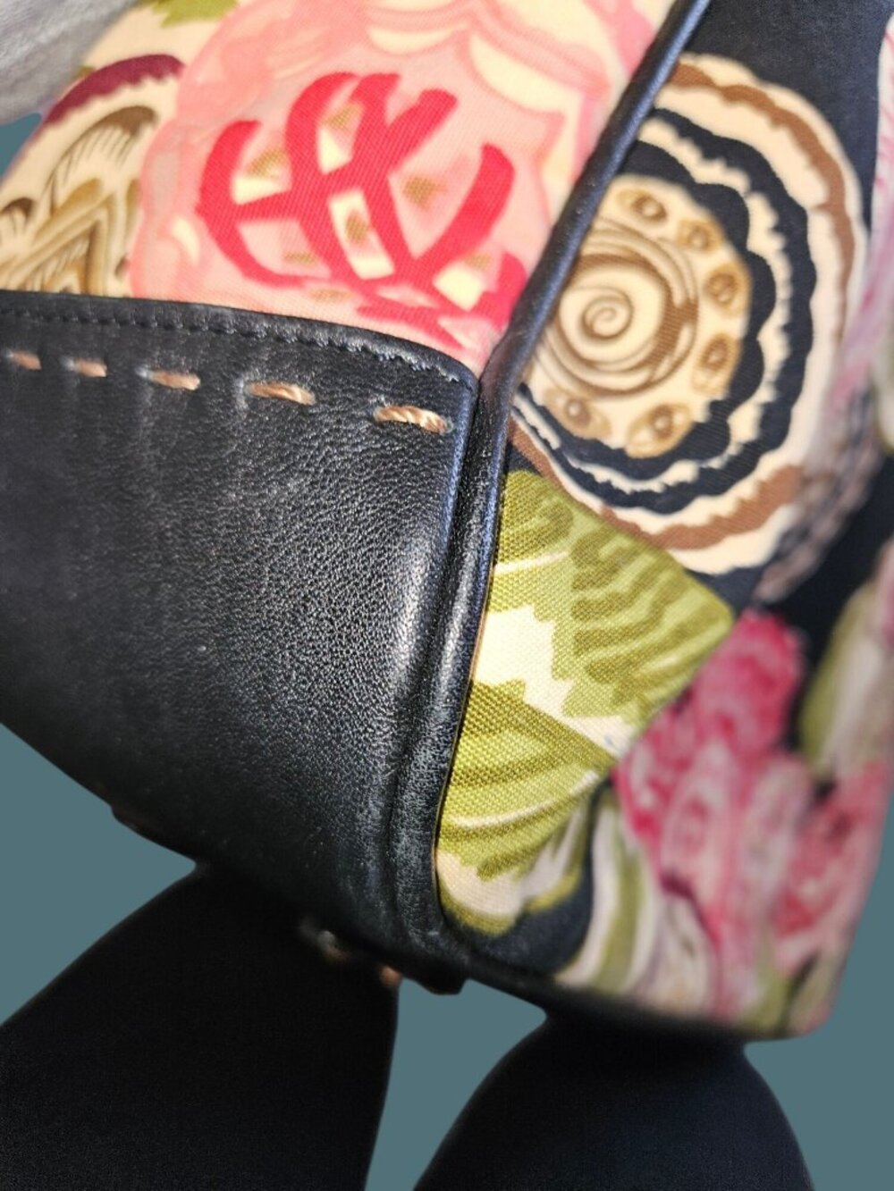 Brighton Canvas/Leather Colorful Floral Boho Hobo Stitched Tote Shoulder Bag - Picture 15 of 16